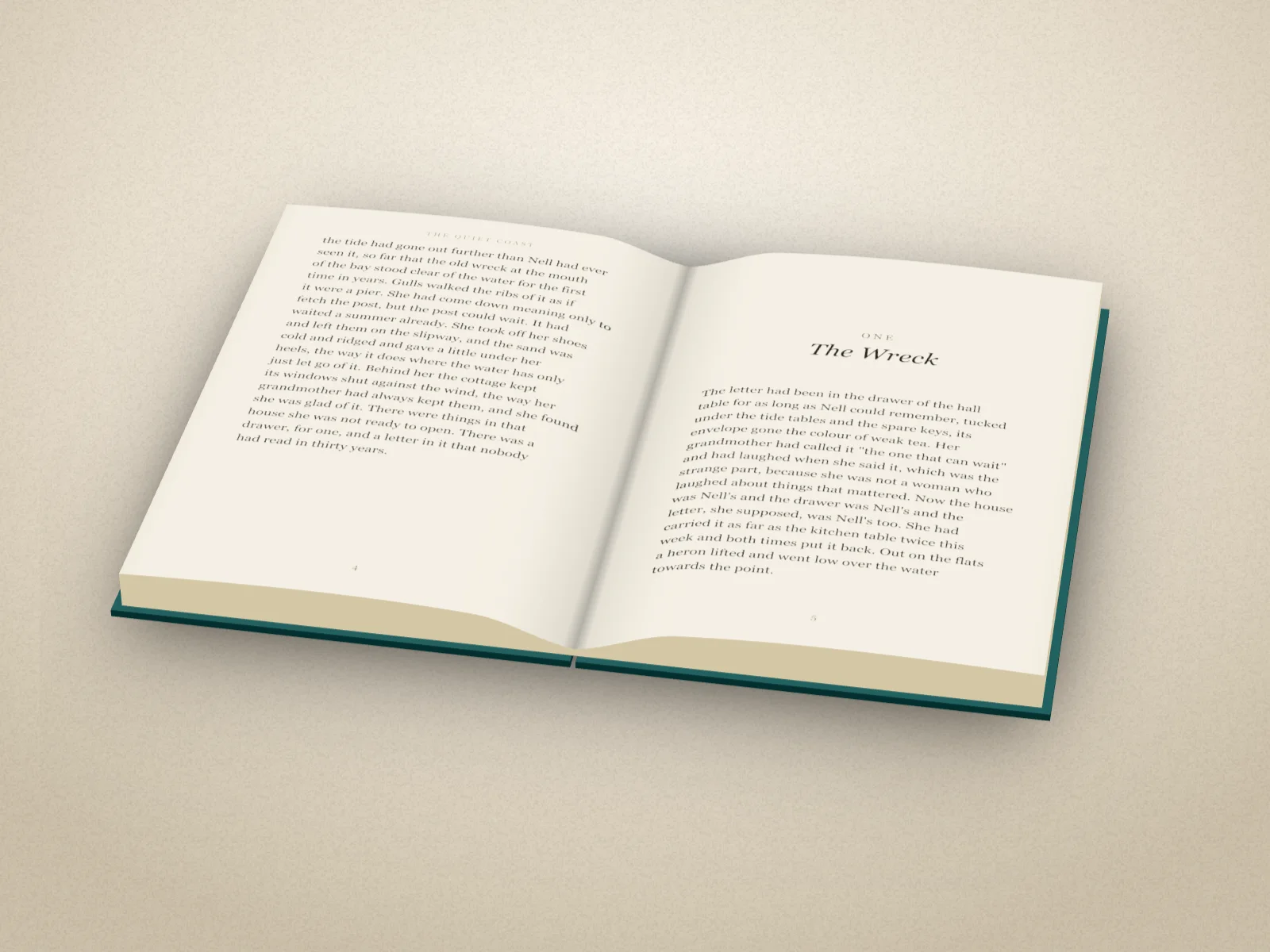The Quiet Coast lying open on a warm table at the start of chapter one, The Wreck, the pages arching up from the spine