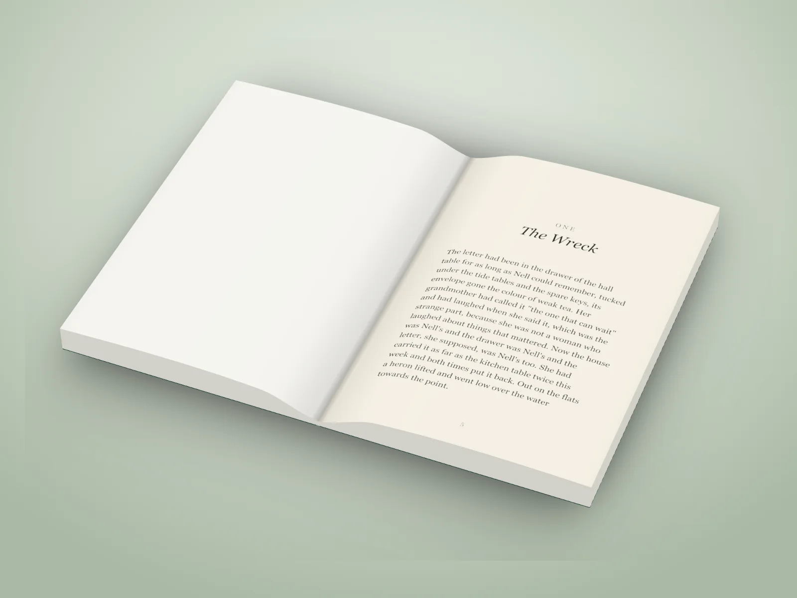 A white paperback open on a sage green backdrop, a blank left page and chapter one on the right