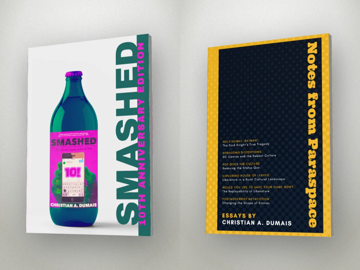 Two 3D paperbacks side by side: Smashed in gloss on the left, Notes from Paraspace in matte on the right