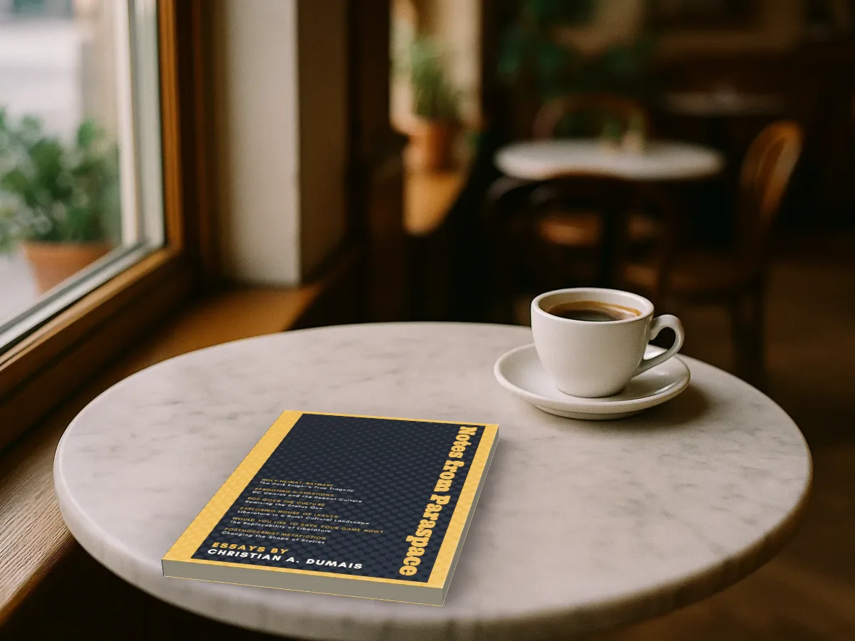A read copy of Notes from Paraspace lying on a marble café table next to a cup of coffee