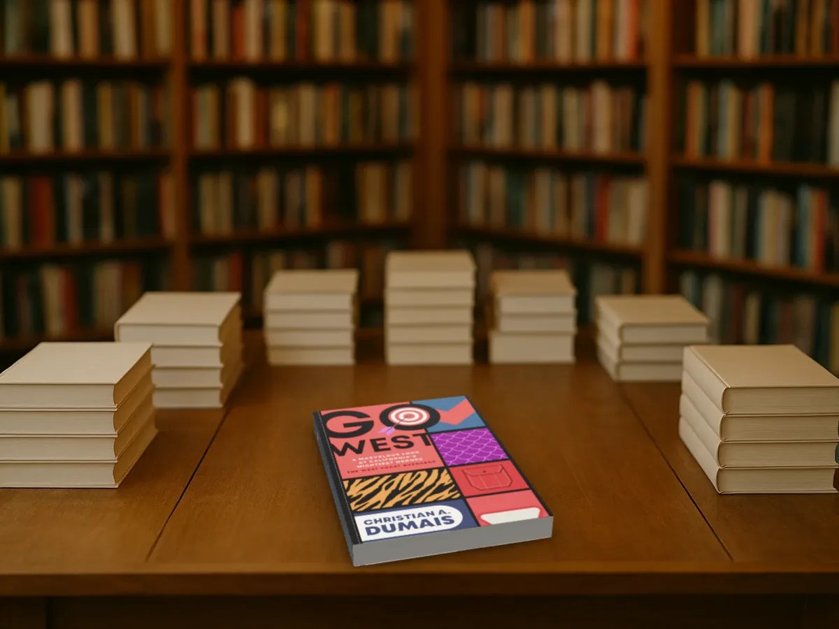 Go West lying on a bookshop table between stacks of plain books