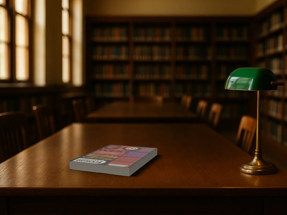 Go West lying on a long wooden reading room table beside a green banker's lamp