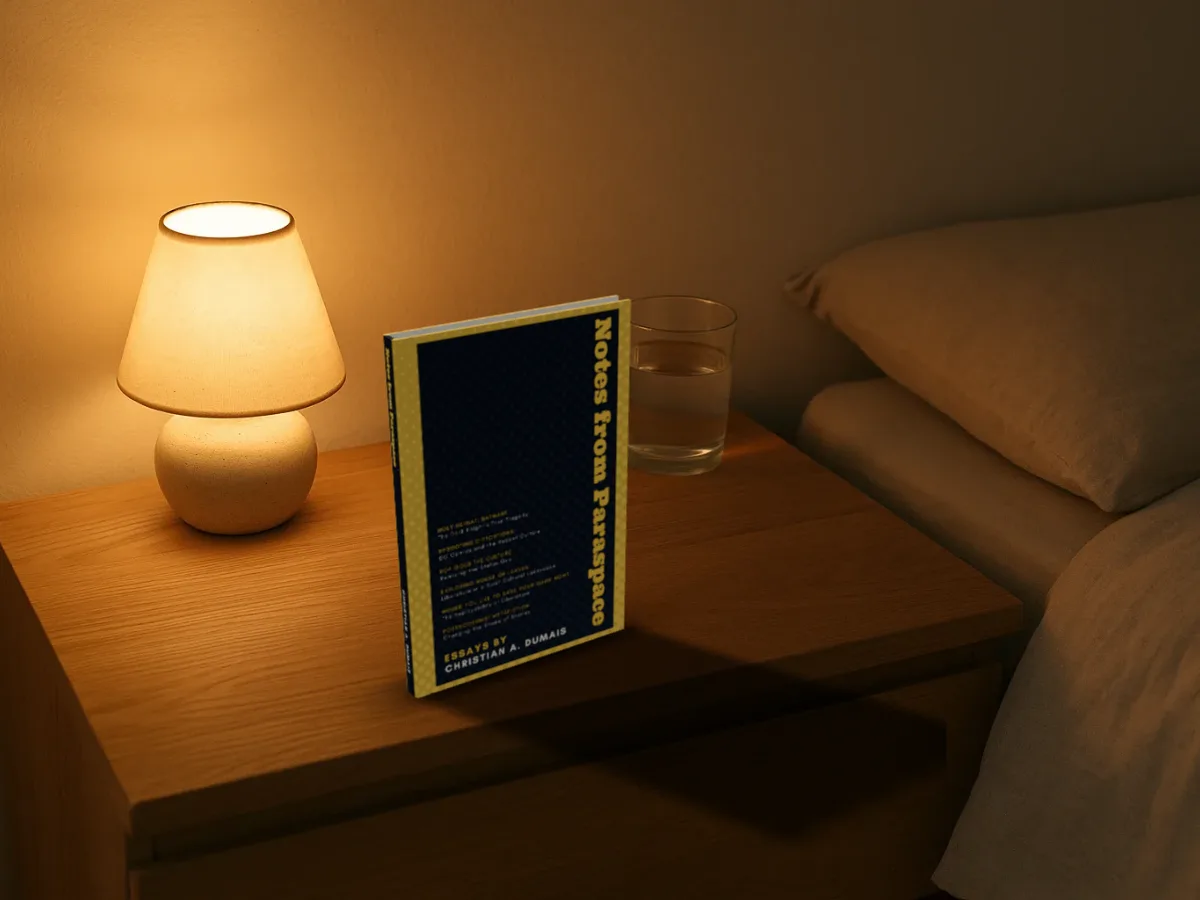 Notes from Paraspace as a hardback standing on a bedside table by a glowing lamp