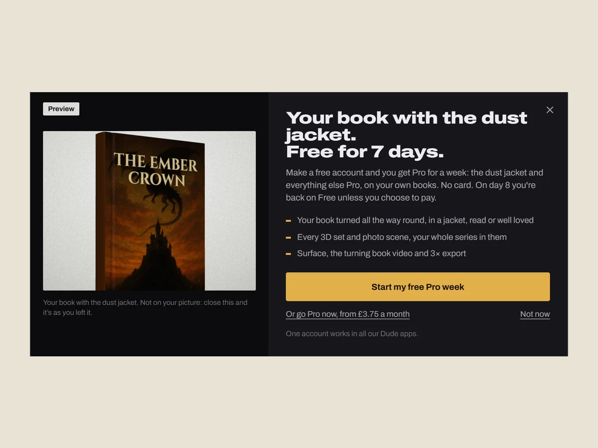 The DudeCovers Pro sheet showing the author's own book in a dust jacket: Free for 7 days