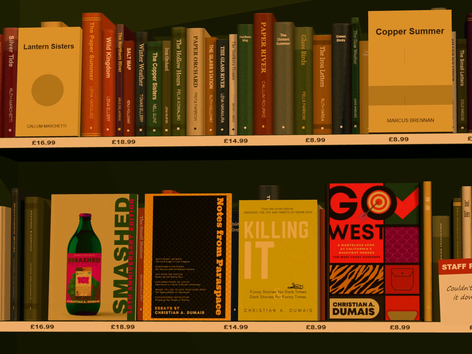Smashed, Notes from Paraspace, Killing It and Go West by Christian A. Dumais face out side by side in a green bookshop bay