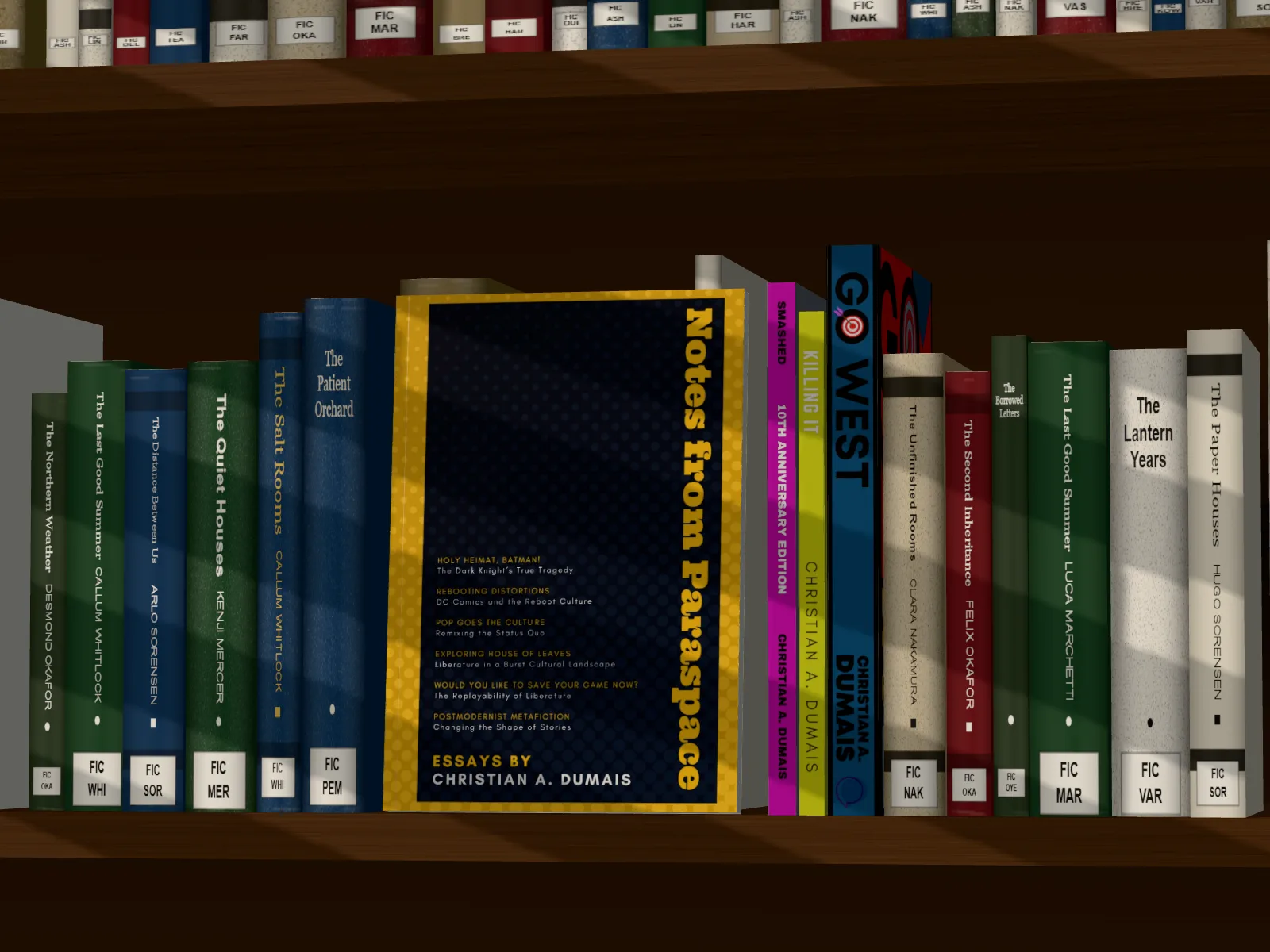 Notes from Paraspace face out on a library shelf with Smashed, Killing It and Go West spines out beside it