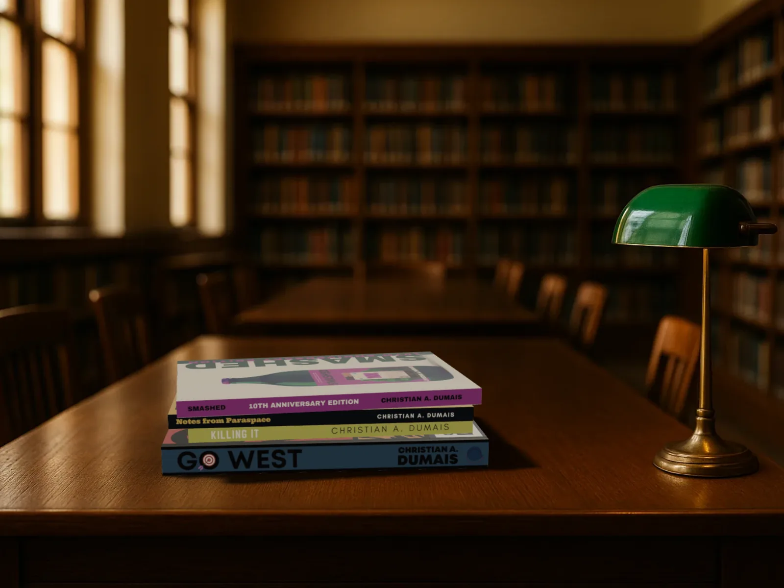 Four paperbacks lying in a stack on a reading room table, Smashed on top