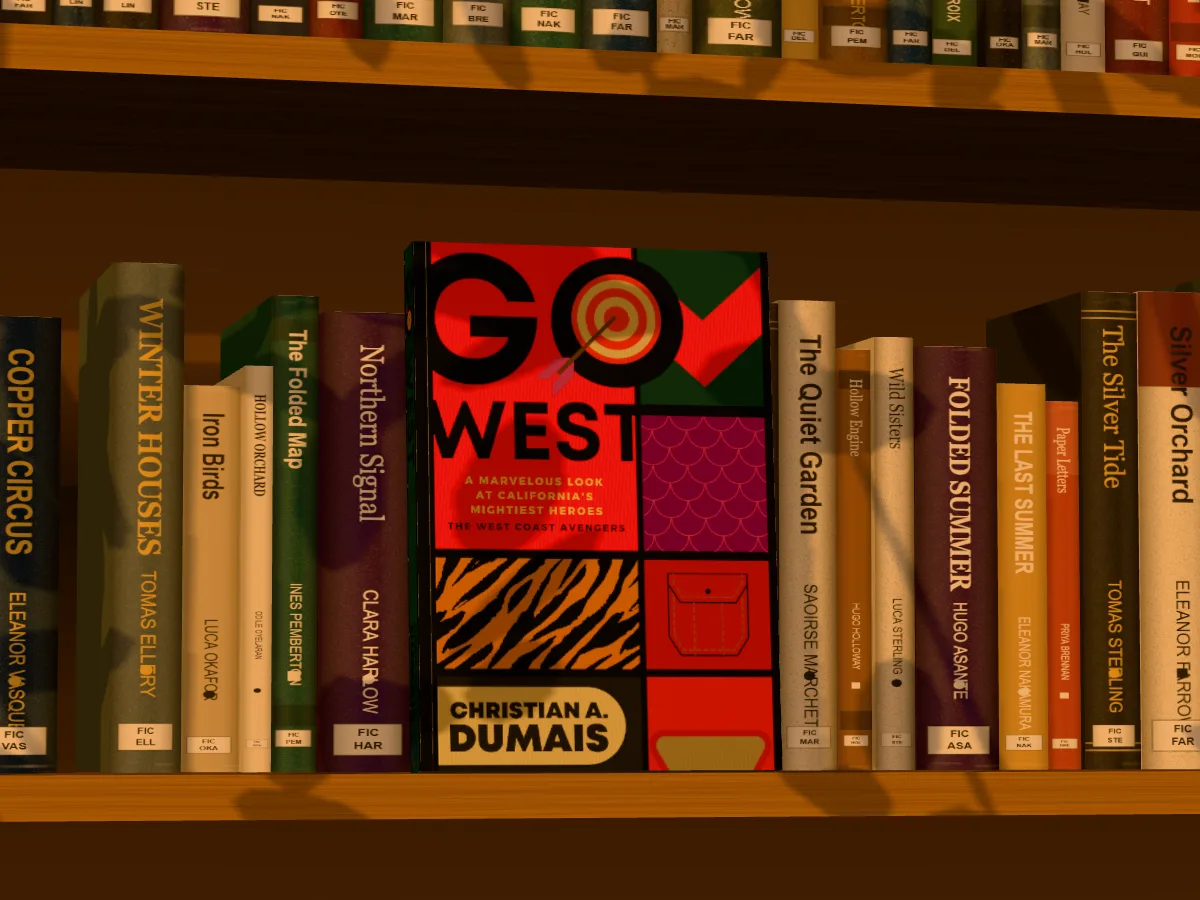 Go West face out on an oak library shelf in warm lamp light, leaf shadows across the books
