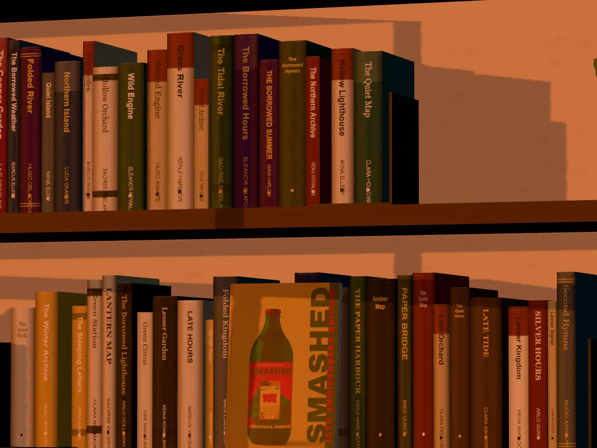 Smashed face out on a walnut home bookshelf in evening sun through a window