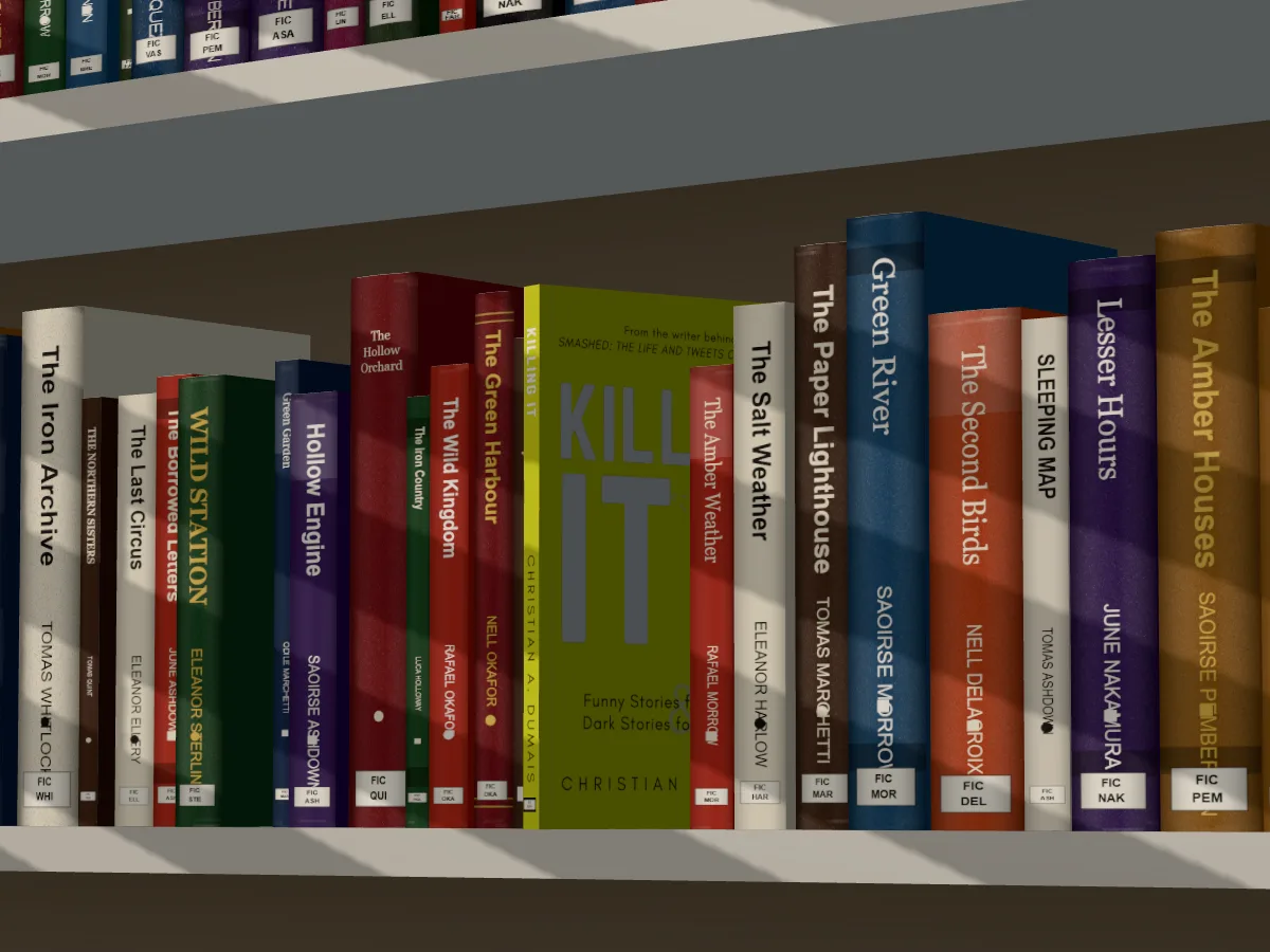 Killing It pulled half out of a white library shelf, daylight through blinds striping the books