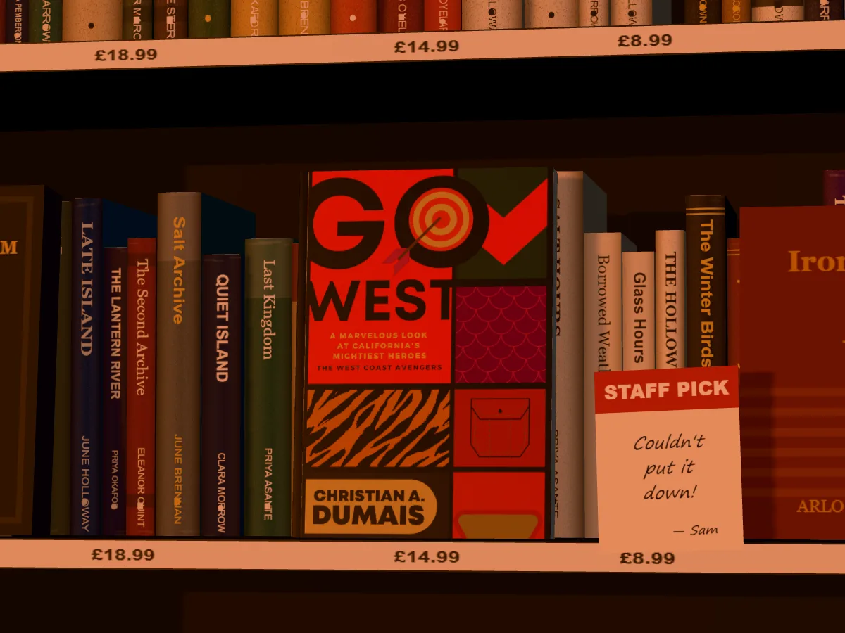Go West face out in a black bookshop bay in low evening light