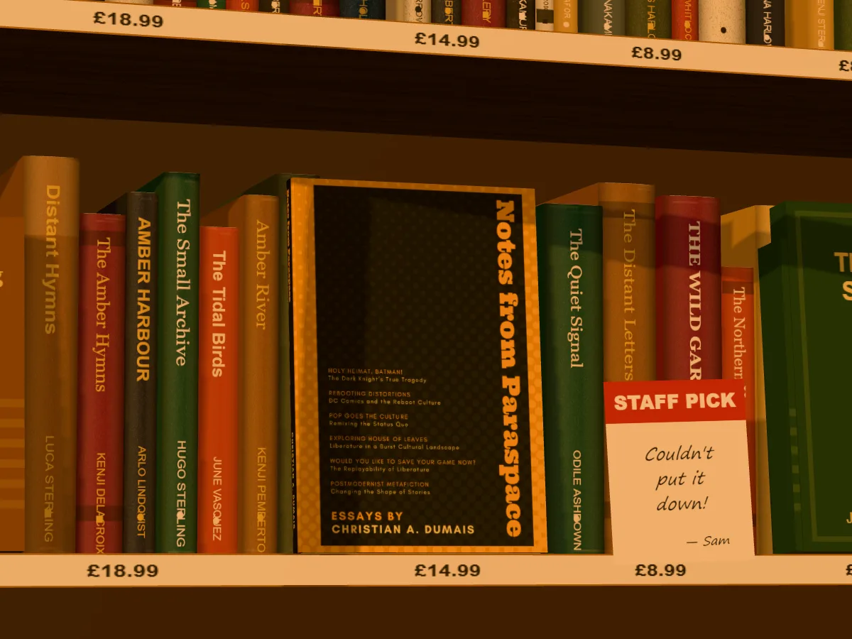 Notes from Paraspace as a hardback face out in an oak bookshop bay, warm lamp light through a window