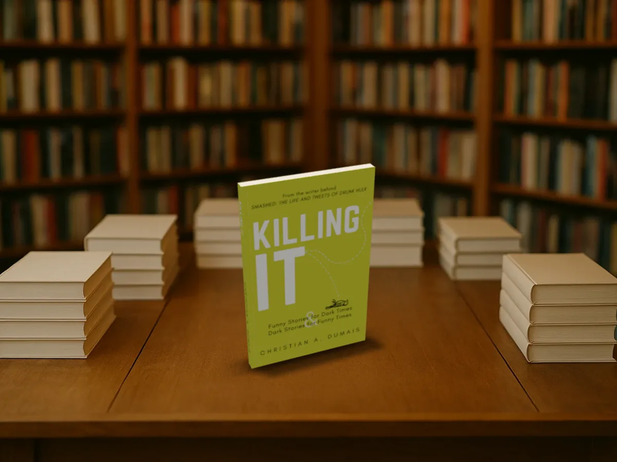 Killing It standing on a bookshop table in a photo scene