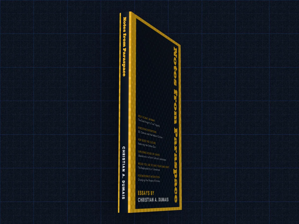 Notes from Paraspace as a hardback turned towards its spine, the title and author in gold, on a navy blueprint grid