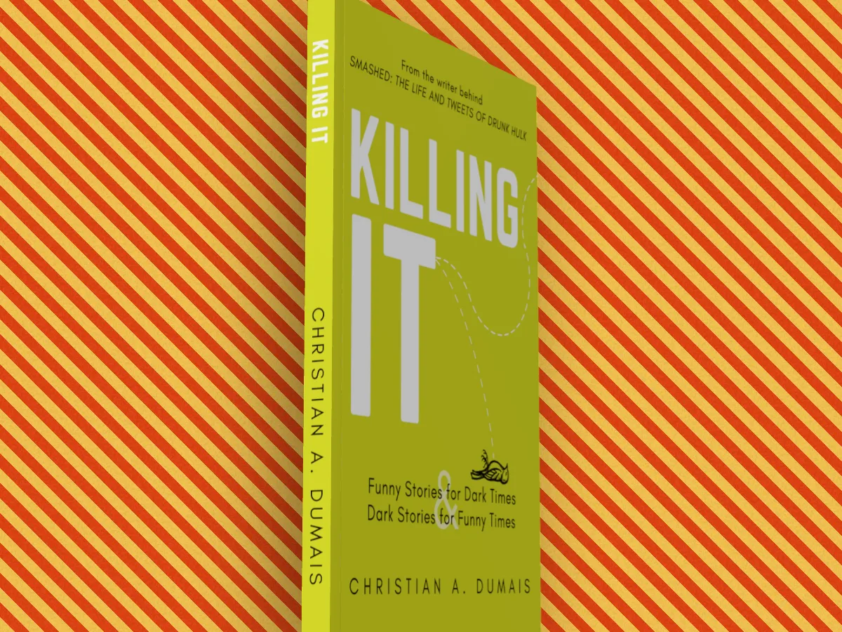 Killing It as a 3D paperback turned towards its spine on a red and yellow striped backdrop
