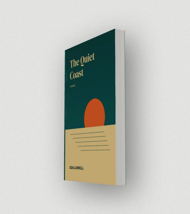 The sample book The Quiet Coast as a 6 by 9 inch paperback with 300 pages on white paper, turned to its spine