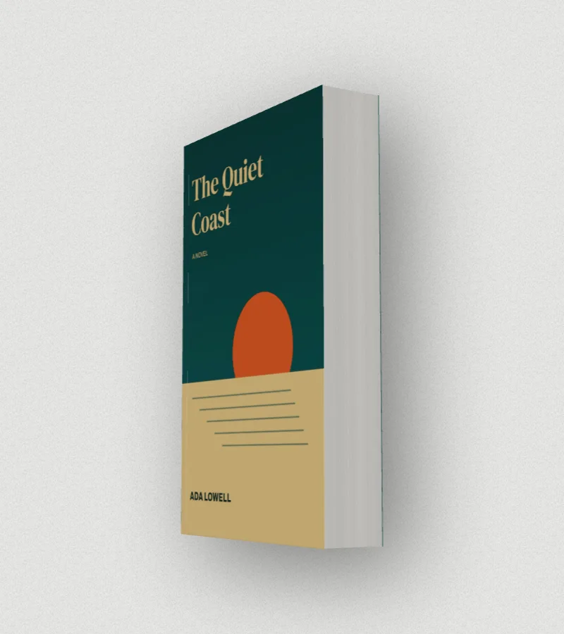 The sample book The Quiet Coast as a 6 by 9 inch paperback with 600 pages on white paper, turned to its spine