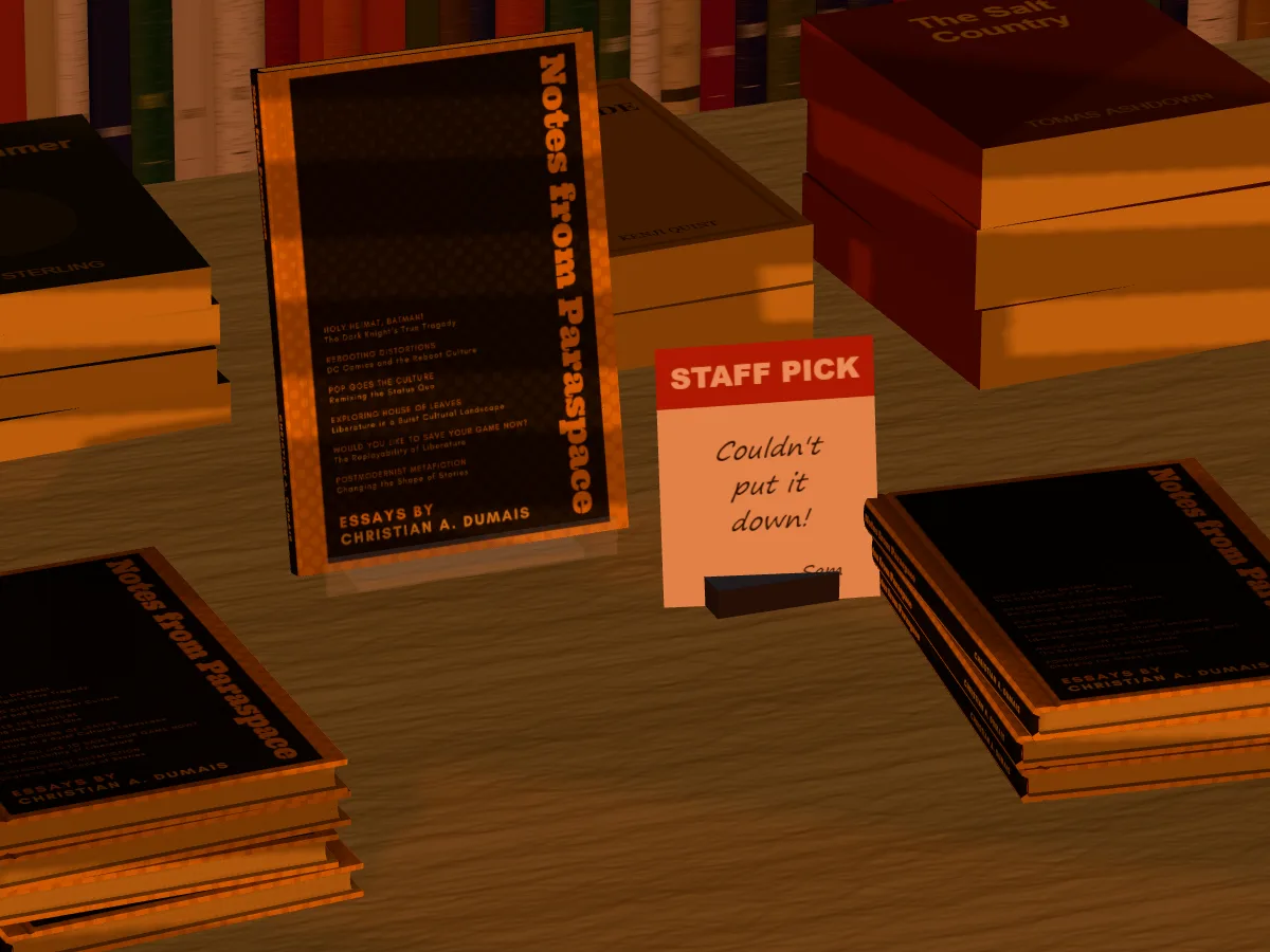 Notes from Paraspace as hardbacks on an oak new releases table, one on a stand beside a staff pick card, evening light through blinds