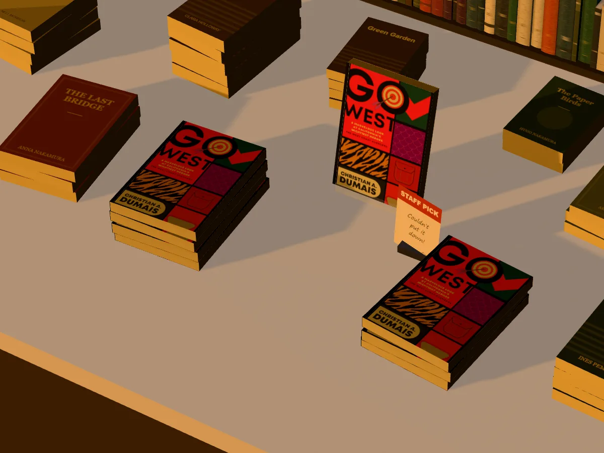 Piles of Go West by Christian A. Dumais on a pale new releases table in warm lamp light, seen from above