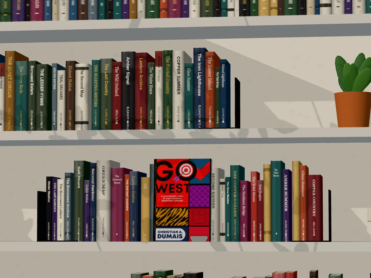Go West face out on a white home bookshelf with bookends and a plant