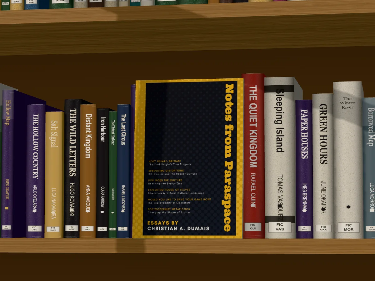 Notes from Paraspace standing face out on an oak library shelf among made-up books, with window light falling across them