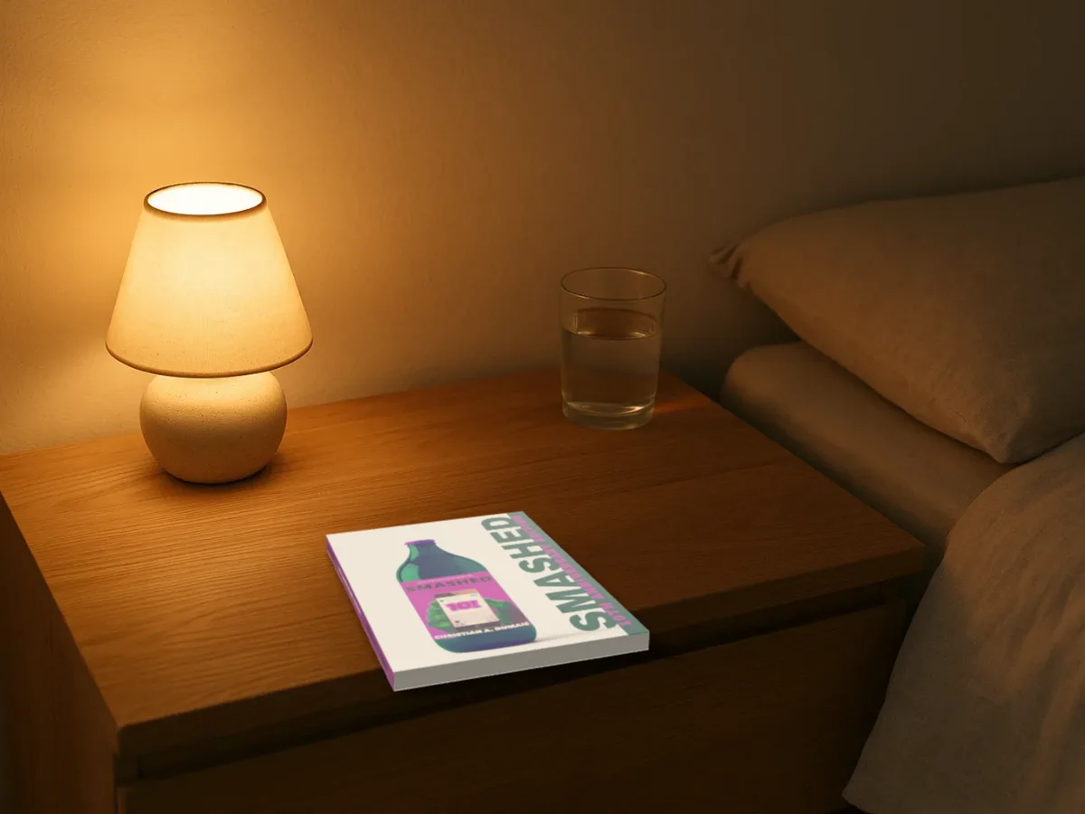 Smashed lying on a bedside table by a glowing lamp