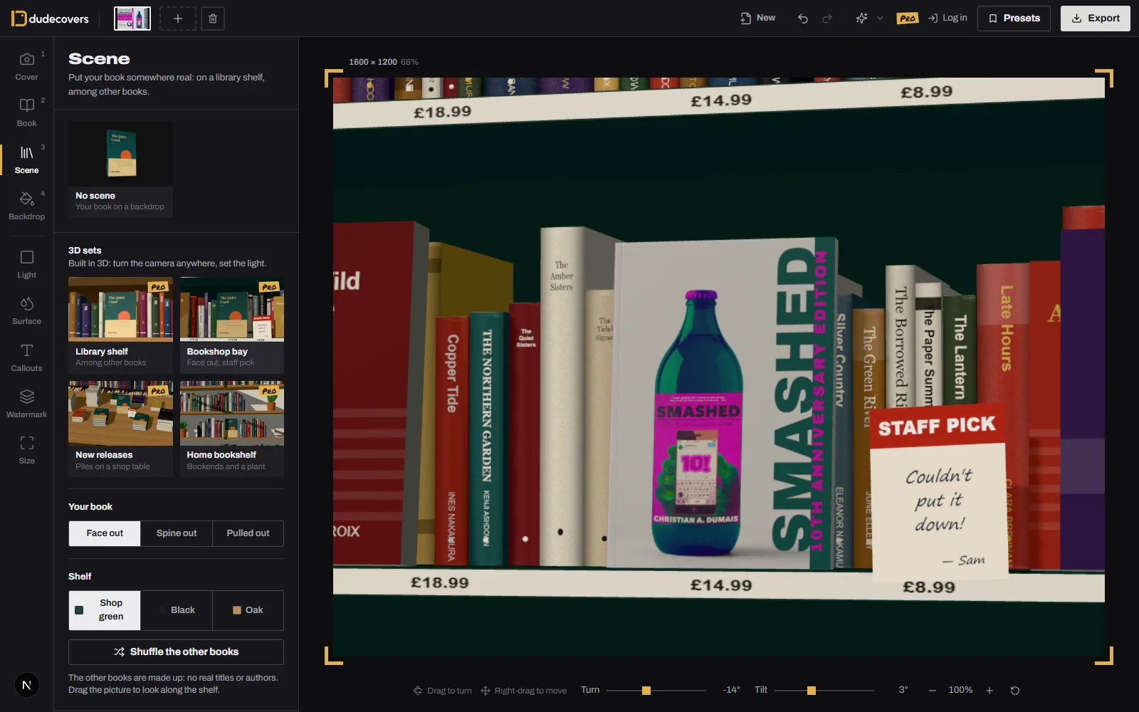 The DudeCovers studio: the Scene panel open on the bookshop bay, Smashed face out on the shelf, the turn and tilt sliders under it